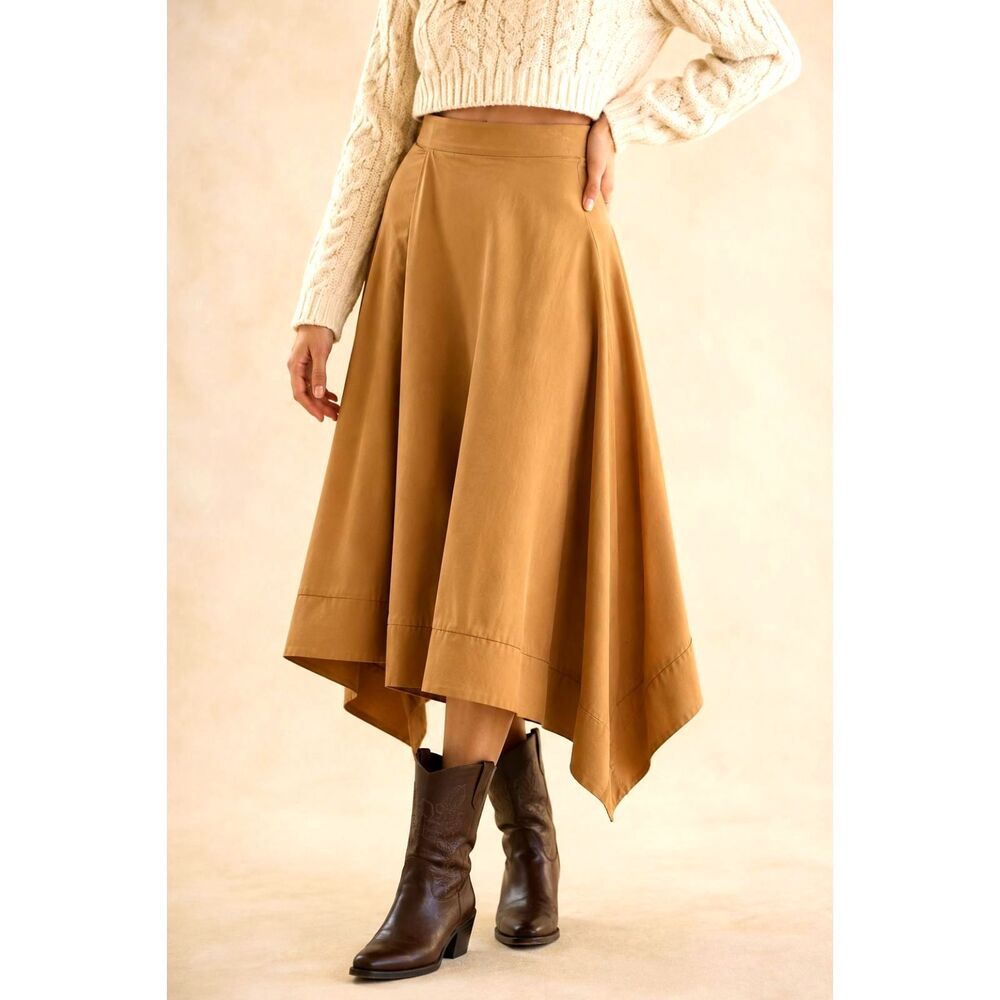Sancia Camel Tan Suede Style Twill Side Slit Handkerchief Hem Midi Skirt XS S